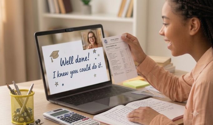 A learner smiling at an encouraging message on their laptop during an online lesson