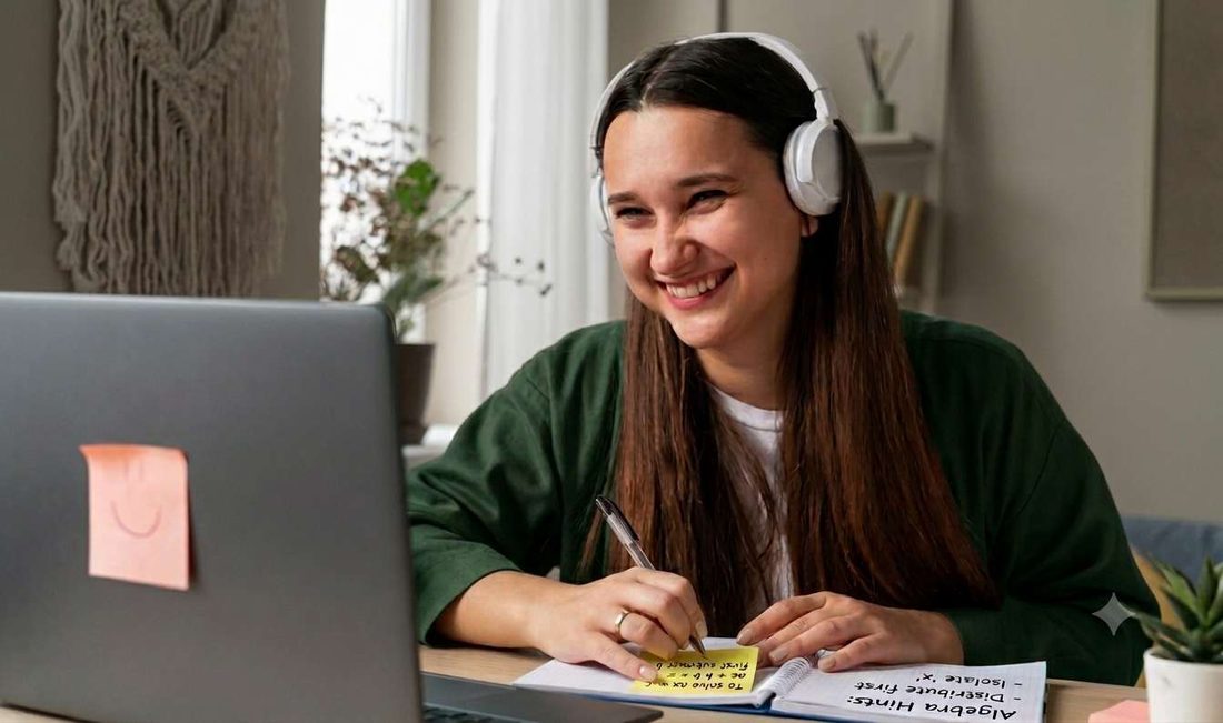 A happy learner studying online with headphones